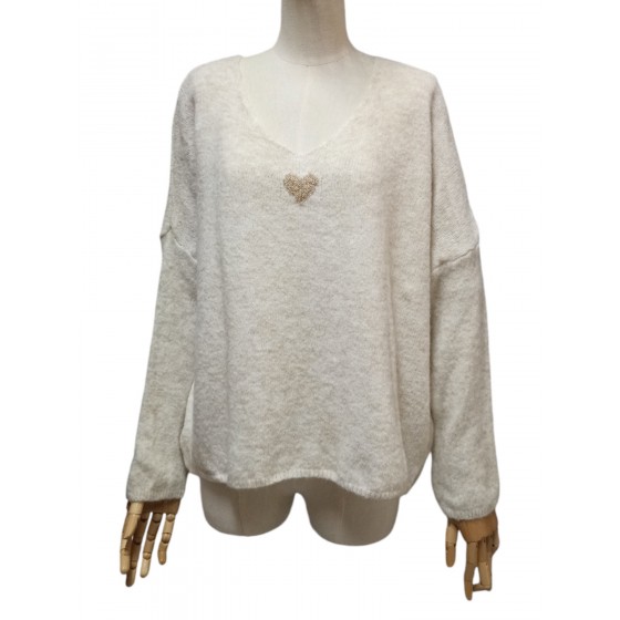 PULL COEUR BEIGE