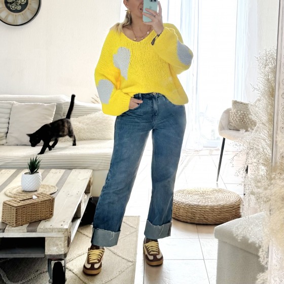 pull laine mohair jaune coeurs
