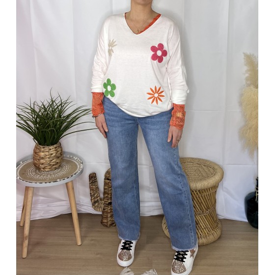 Pull oversize blanc FLOWERS COLORS